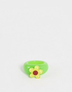 Пластиковое зеленое кольцо с желтым цветком ASOS DESIGN-Разноцветный