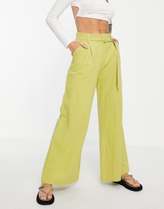 Шалфейно-зеленые льняные брюки с широкими штанинами и ремнем Missguided-Зеленый цвет