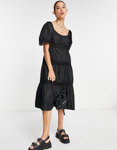 Ярусное платье миди с присборенной юбкой и вышивкой ришелье Emory Park-Черный цвет