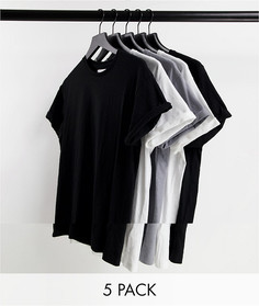 Набор из 5 зауженных футболок с рукавами с отворотами белого, черного и серого цвета Topman-Разноцветный