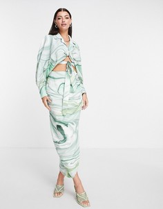Льняная юбка миди с драпировкой сбоку и мраморным принтом ASOS EDITION-Разноцветный