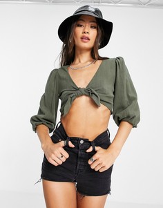 Льняной топ цвета хаки с завязкой спереди Topshop-Зеленый цвет