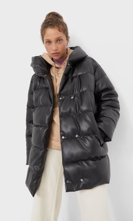 Stradivarius Куртка Из Искусственной Кожи С Поясом И Капюшоном Черный Xs