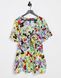 Ярусное платье мини с завязкой спереди и ярким цветочным принтом Influence-Разноцветный