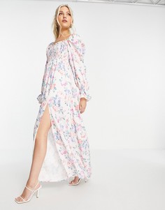 Разноцветное платье макси с цветочным принтом, объемными рукавами, разрезом до бедра и присборенным лифом In The Style x Elle Darby-Разноцветный