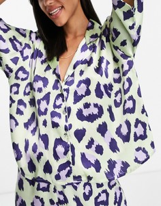 Атласная пижамная рубашка со звериным принтом лаймового и сиреневого цвета ASOS DESIGN – Выбирай и комбинируй-Зеленый цвет