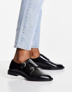 Черные кожаные монки на плоской подошве ASOS DESIGN Milestone-Черный цвет