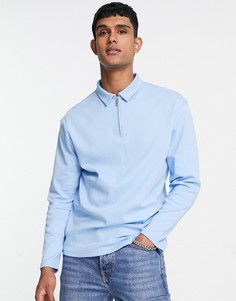 Голубая трикотажная футболка-поло с длинными рукавами и молнией Topman-Голубой