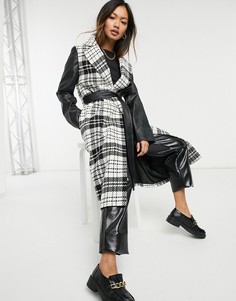 Клетчатое пальто из ткани с добавлением шерсти с контрастными рукавами из искусственной кожи Helene Berman-Черный цвет