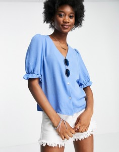 Блузка голубого цвета на пуговицах с акцентными рукавами New Look-Голубой