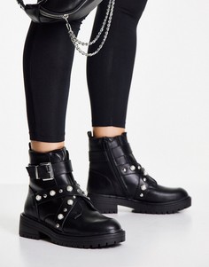 Черные ботинки с заклепками из искусственного жемчуга New Look-Черный цвет