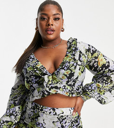Кроп-топ с оборками и цветочным принтом на темном фоне (от комплекта) ASOS DESIGN Curve-Разноцветный