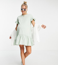 Платье мини А-силуэта шалфейно-зеленого цвета с оборками In The Style Maternity x Brooke Vincent-Зеленый цвет