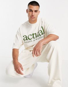 Светло-бежевая оversized-футболка из плотного трикотажа с начесом и зеленым логотипом на груди (от комплекта) ASOS Actual-Белый
