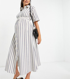 Платье-рубашка миди на пуговицах с эластичным поясом и принтом в полоску ASOS DESIGN Maternity-Разноцветный