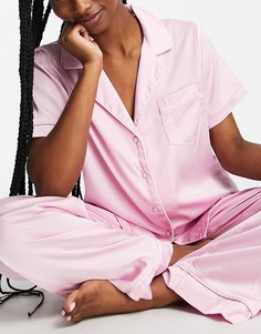 Сиреневый атласный пижамный комплект с окантовкой из брюк и рубашки с короткими рукавами ASOS DESIGN-Фиолетовый цвет