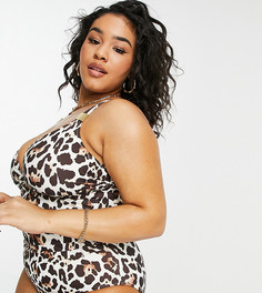 Слитный купальник из плотного драпированного материала с моделирующим эффектом и леопардовым принтом Figleaves Plus-Коричневый цвет