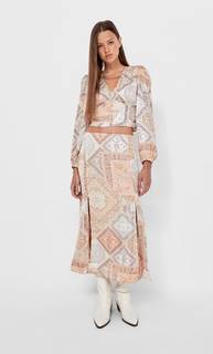 Stradivarius Атласная Юбка Миди С Принтом Пейсли Цвет Камня Xl