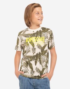 Молочная футболка с тропическим принтом и надписью Awesome для мальчика Gloria Jeans