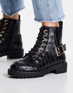 Черные походные ботинки на шнуровке с имитацией кожи крокодила ASOS DESIGN Aura-Черный цвет