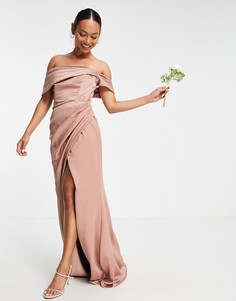 Атласное платье макси коричневато-розового цвета с открытыми плечами, драпировкой и запахом ASOS EDITION-Медный