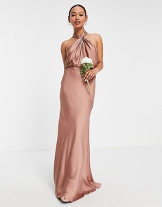 Атласное платье макси коричневато-розового цвета с присборенной горловиной халтер ASOS EDITION-Медный