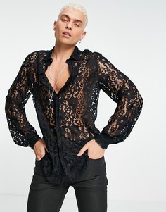 Кружевная рубашка с пышными рукавами с манжетами ASOS DESIGN-Черный цвет