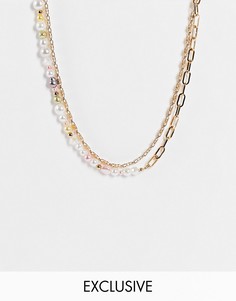 Золотистое ярусное ожерелье с разными цепочками и искусственным жемчугом пастельных оттенков Reclaimed Vintage Inspired-Золотистый
