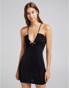 Черное платье мини на бретелях с декоративным вырезом Bershka-Черный цвет