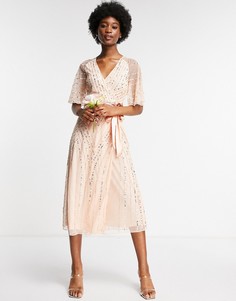Жемчужно-розовое платье миди с декором Frock and Frill Bridesmaids-Розовый цвет