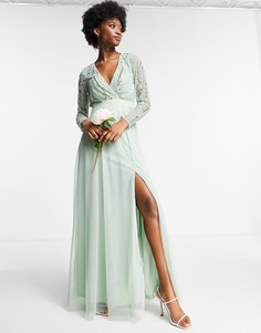 Платье макси шалфейно-зеленого цвета с запахом спереди и декоративной отделкой Frock and Frill-Зеленый цвет