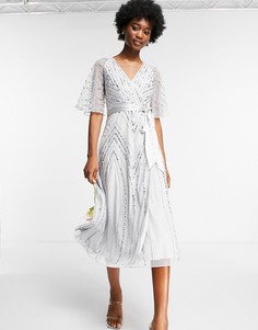 Светло-серое платье миди для подружки невесты с декоративной отделкой Frock and Frill Bridesmaids-Серый