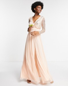 Жемчужно-розовое платье макси с запахом спереди и декоративной отделкой Frock and Frill-Розовый цвет