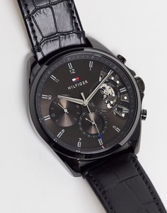 Мужские часы с открытым механизмом и кожаным ремешком черного цвета Tommy Hilfiger-Черный