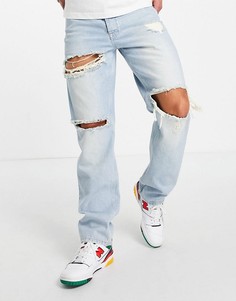 Прямые джинсы выбеленного оттенка в стиле 90-х с рваной отделкой ASOS DESIGN-Голубой