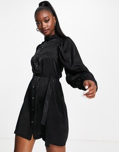 Черное шелковистое платье-рубашка с пышными рукавами и отделкой стразами Saint Genies-Черный цвет