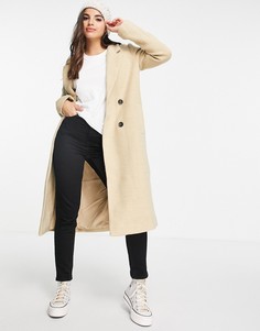 Бежевое длинное пальто классического кроя из переработанного материала Monki Lou-Светло-бежевый цвет