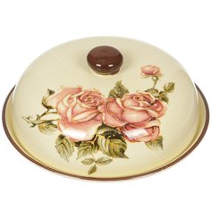 Блюдо керамика, круглое, 23 см, бежевое, с крышкой, Корейская роза, 358-466
