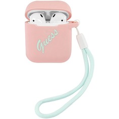Чехол для наушников Guess Silicone Case Script logo with cord для AirPods розовый