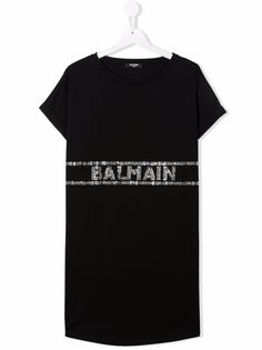 Balmain Kids платье-футболка с логотипом и стразами