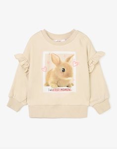 Бежевый свитшот oversize с принтом Sweetest moment и оборками для девочки Gloria Jeans
