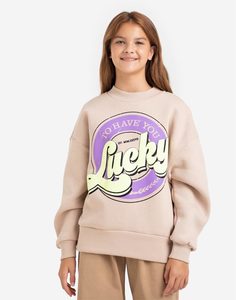 Бежевый свитшот oversize с принтом Lucky для девочки Gloria Jeans
