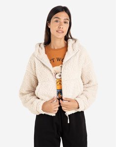 Бежевая плюшевая куртка oversize с капюшоном Gloria Jeans
