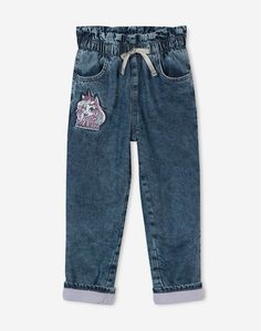 Утеплённые джинсы Paperbag с единорогом для девочки Gloria Jeans