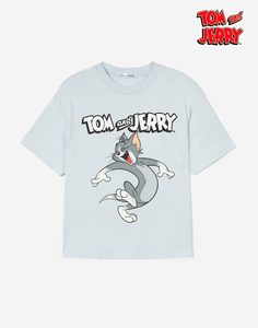 Голубая футболка с принтом Tom and Jerry для девочки Gloria Jeans