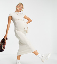 Кремовое платье миди с поясом и короткими рукавами Topshop Maternity-Коричневый цвет