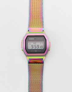 Золотистые цифровые часы в стиле унисекс с сетчатым ремешком розового и радужного оттенков Casio-Золотистый