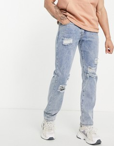 Прямые джинсы винтажного светлого оттенка с эффектом потертости от комплекта Liquor N Poker-Голубой