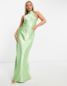 Пыльно-зеленое атласное платье макси с открытой спиной NA-KD x Hanna Schonberg-Зеленый цвет