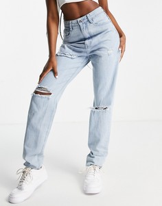 Голубые джинсы с завышенной талией и необработанным краем в винтажном стиле Missguided Riot-Голубой